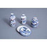 Three Chinese blue, white and underglaze red snuff bottles and a seal paste box, 19th/20th C.