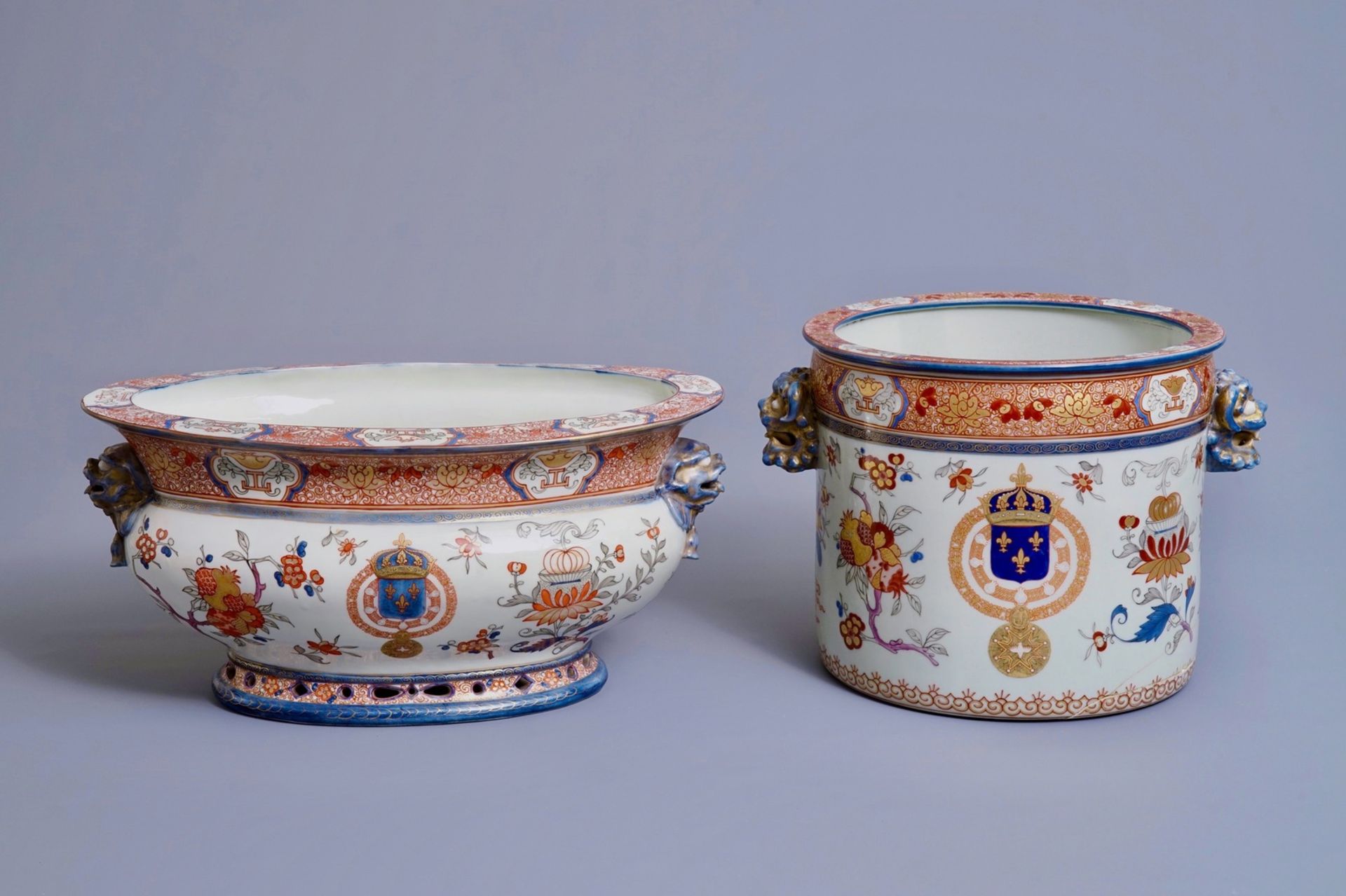 Two coolers with arms of King Louis XV of France in the Chinese export porcelain style, Samson, Pari