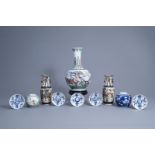 A varied collection of Chinese famille verte, rose, blue and white porcelain, Kangxi and later