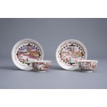 A pair of Chinese famille rose Meissen style cups and saucers, Qianlong