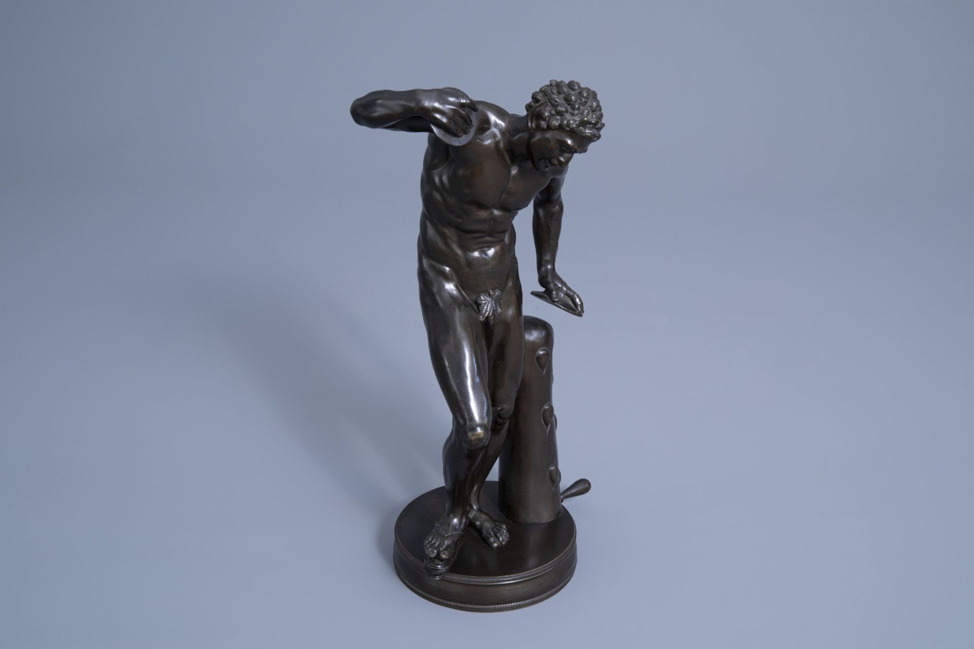 After Massimiliano Soldani Benzi (1656-1740): Dancing faun with cymbals, patinated bronze, 19th C.