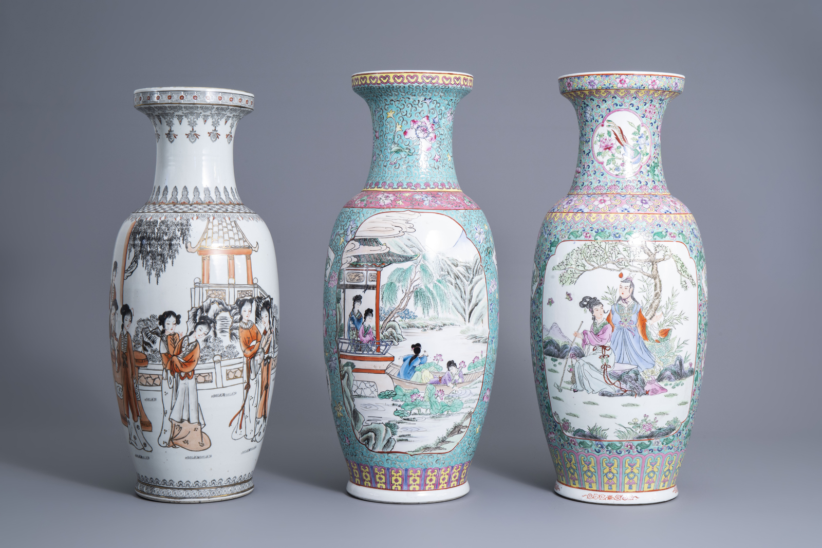 Four various Chinese famille rose and grisaille vases and a jar and cover with birds among flowering - Image 2 of 13