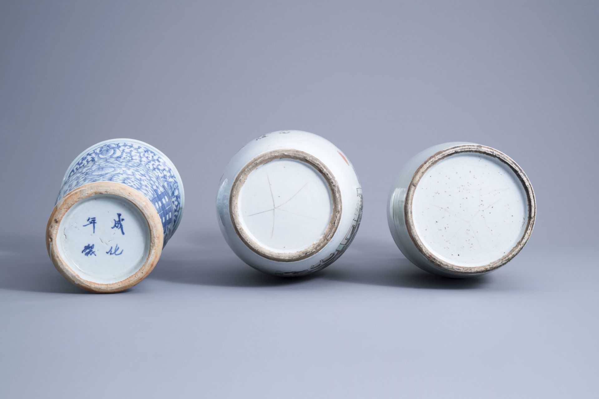 Three various Chinese blue, white and qianjiang cai vases, 19th/20th C. - Image 6 of 6