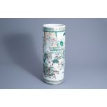 A cylindrical Chinese famille verte vase with warlords in a landscape, 19th C.