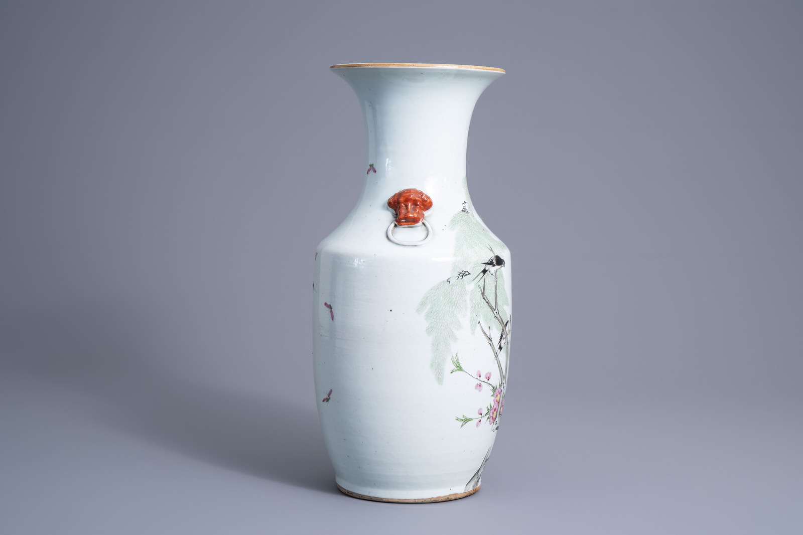 Three Chinese qianjiang cai vases with birds among blossoming branches and a Nanking crackle glazed - Image 3 of 15