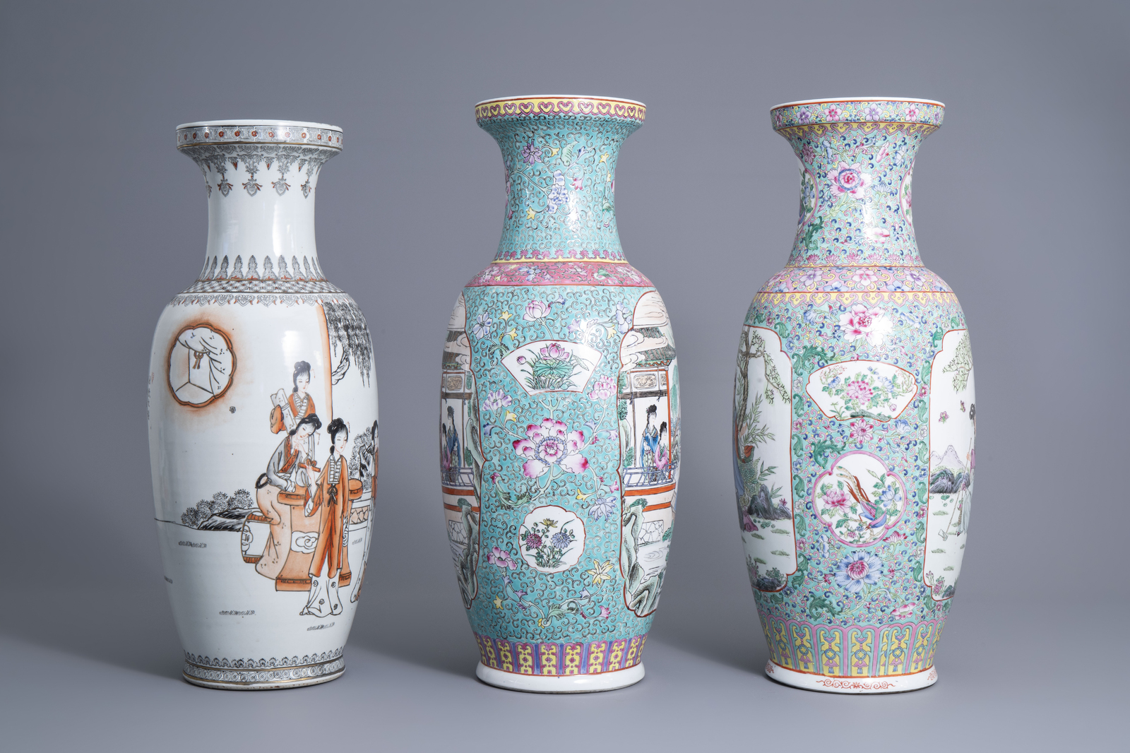 Four various Chinese famille rose and grisaille vases and a jar and cover with birds among flowering - Image 3 of 13