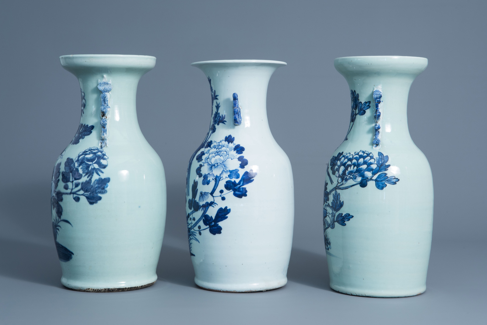 Three Chinese blue and white celadon vases with birds on a branch, 19th C. - Image 4 of 6