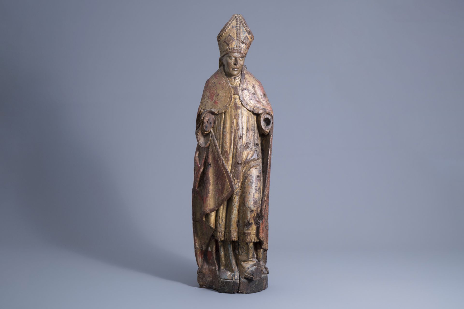 A carved, polychrome painted and gilt wooden figure of a bishop, Southern Netherlands, Flanders, 16t - Image 2 of 7