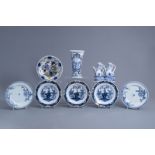 A Dutch Delft blue and white oil and vinegar set, a vase, four plates and a pair of Chinese dishes w