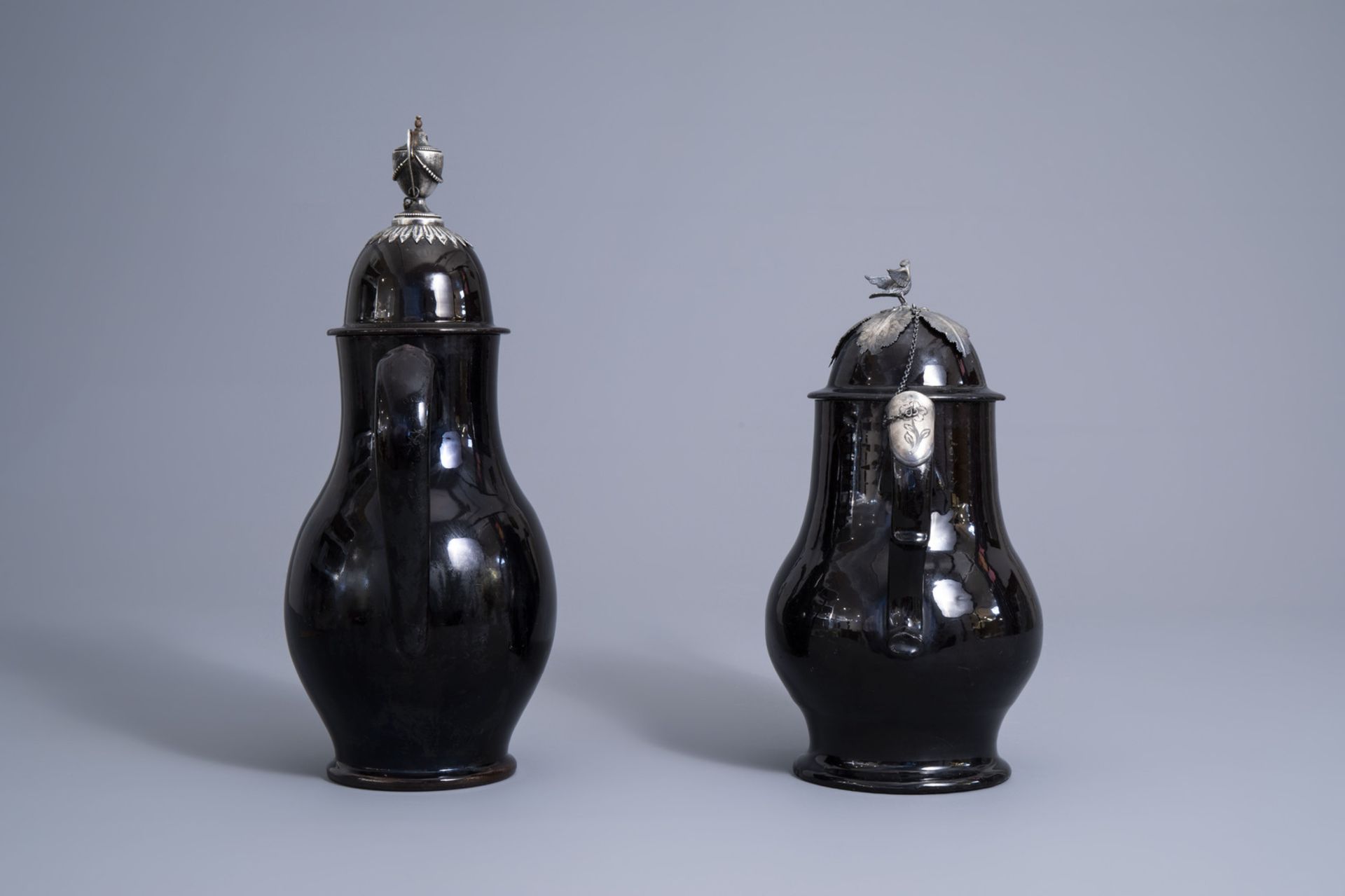 Two large silver mounted Namur black glazed pottery coffee pots, 18th C. - Image 3 of 10