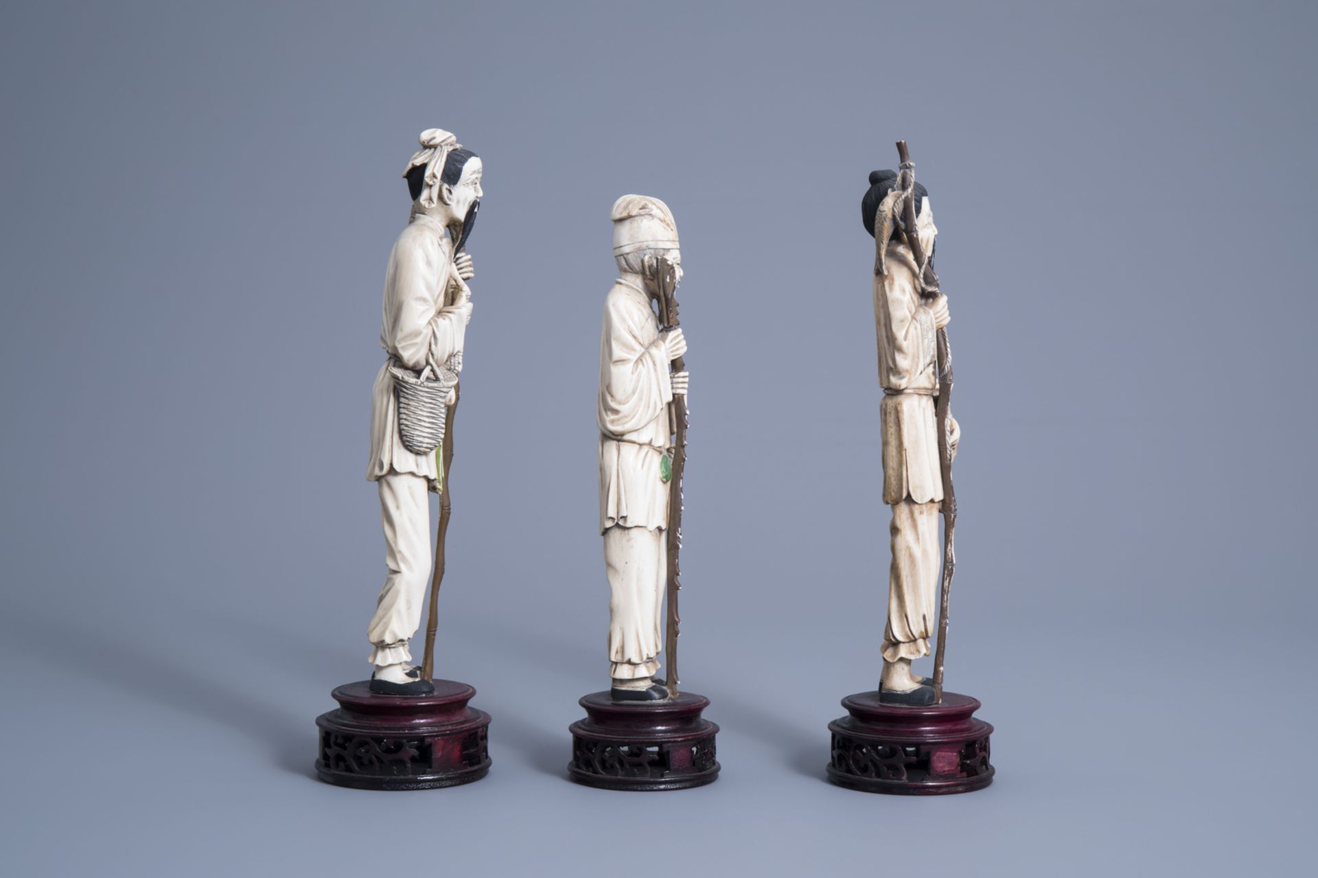 Three Chinese carved ivory figures of fishermen, 19th/20th C. - Image 3 of 7