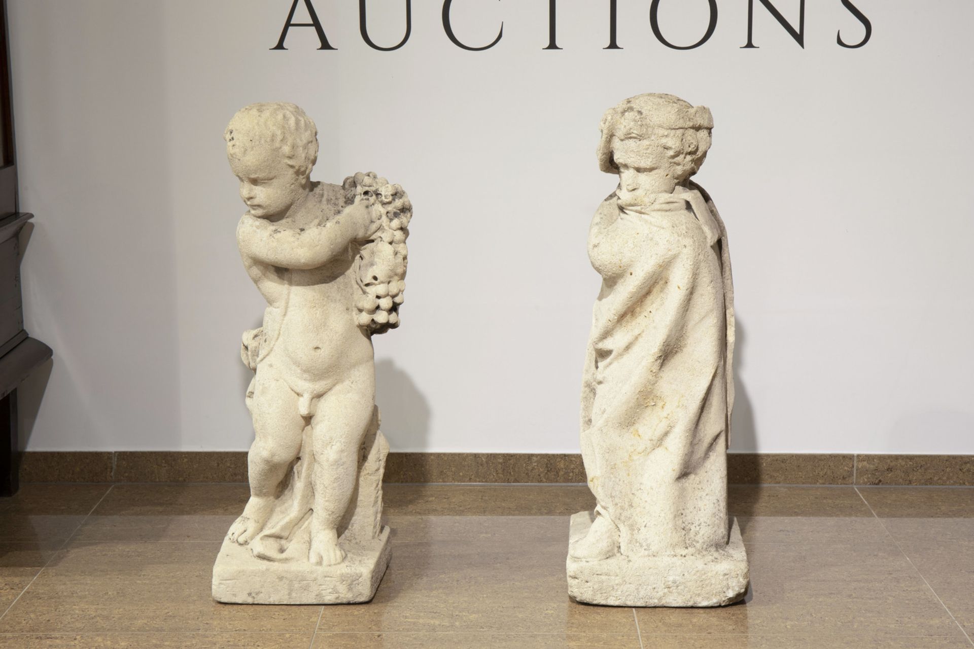 A pair of most probably French limestone garden statues depicting autumn and winter, 18th C. - Image 6 of 9