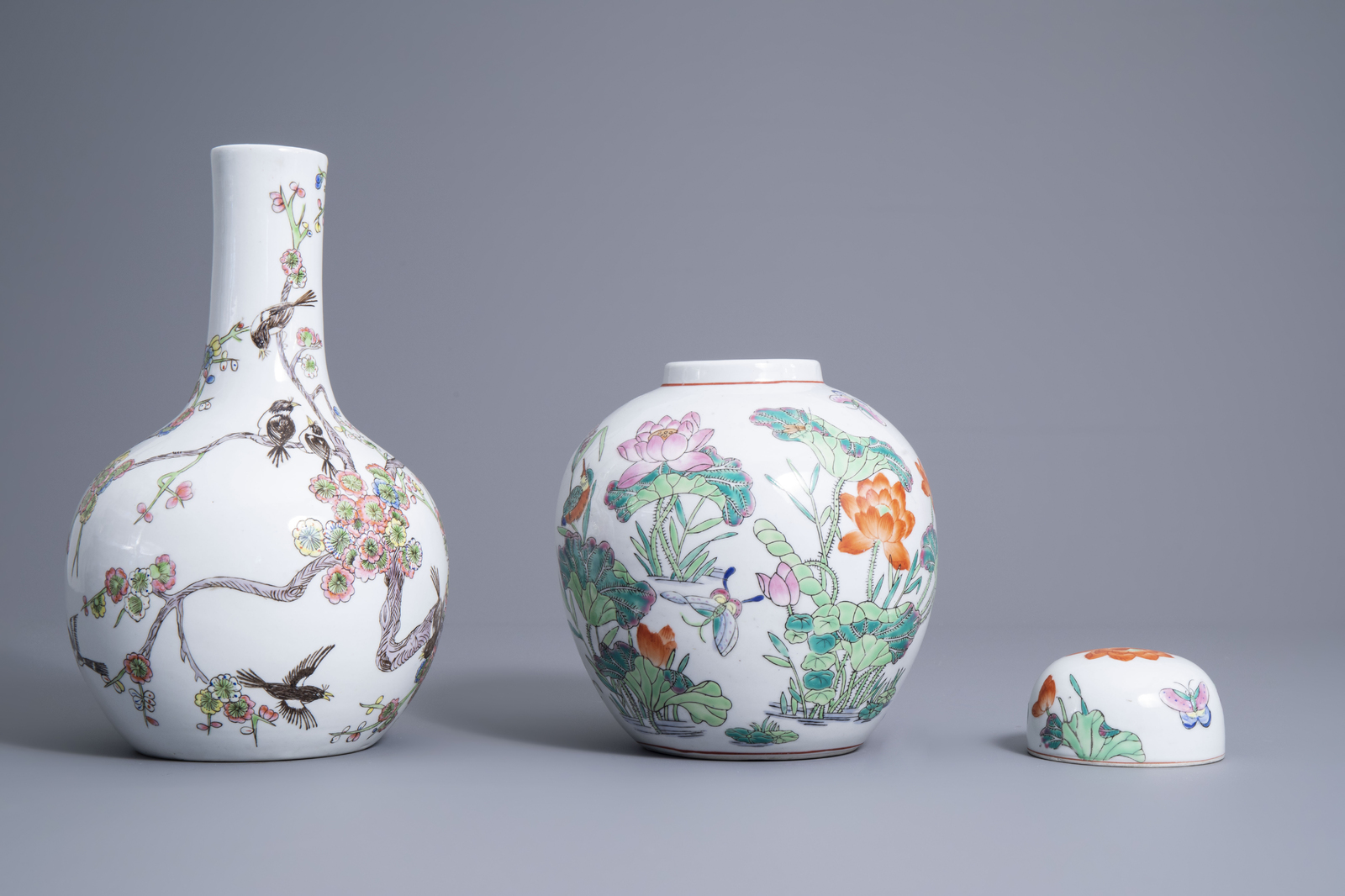Four various Chinese famille rose and grisaille vases and a jar and cover with birds among flowering - Image 10 of 13