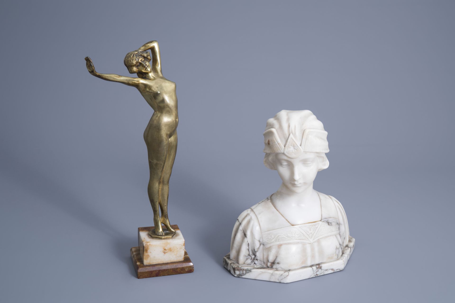 After Paul Philippe (1870-1930): 'RŽveil', gilt bronze on an onyx marble base and Georges Morin (187