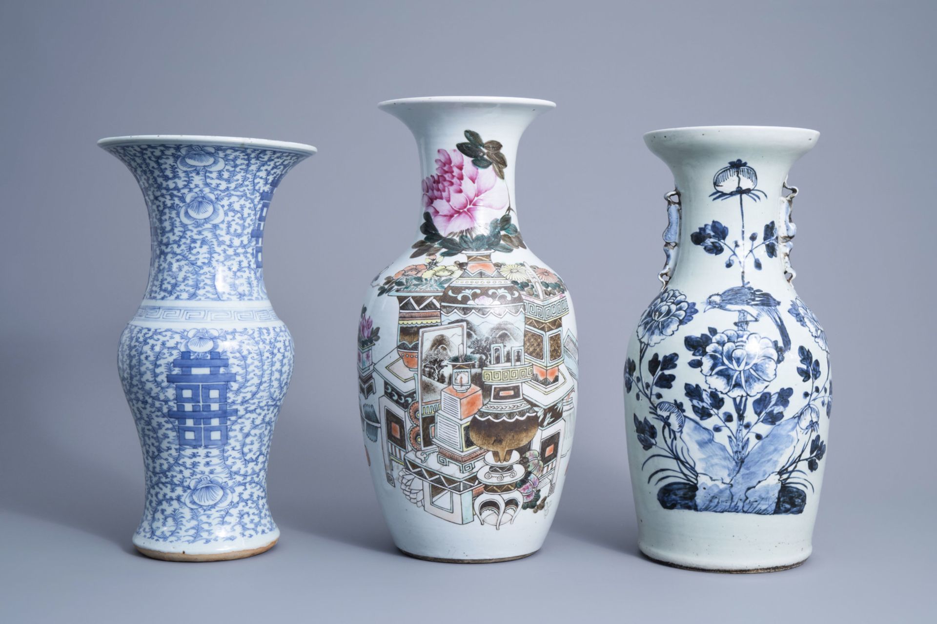 Three various Chinese blue, white and qianjiang cai vases, 19th/20th C.