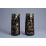 A pair of Chinese lacquered and painted brass vases, 19th/20th C.