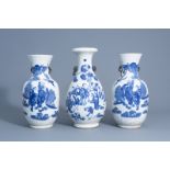 Three Chinese Nanking crackle glazed blue and white vases with figures in a landscape, 19th C.