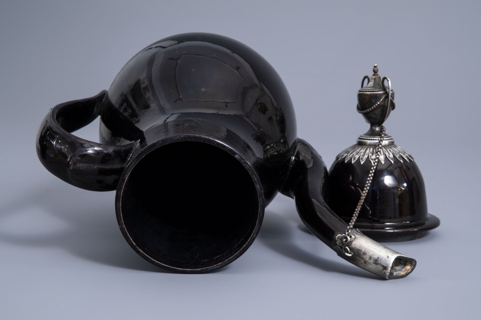 Two large silver mounted Namur black glazed pottery coffee pots, 18th C. - Image 9 of 10