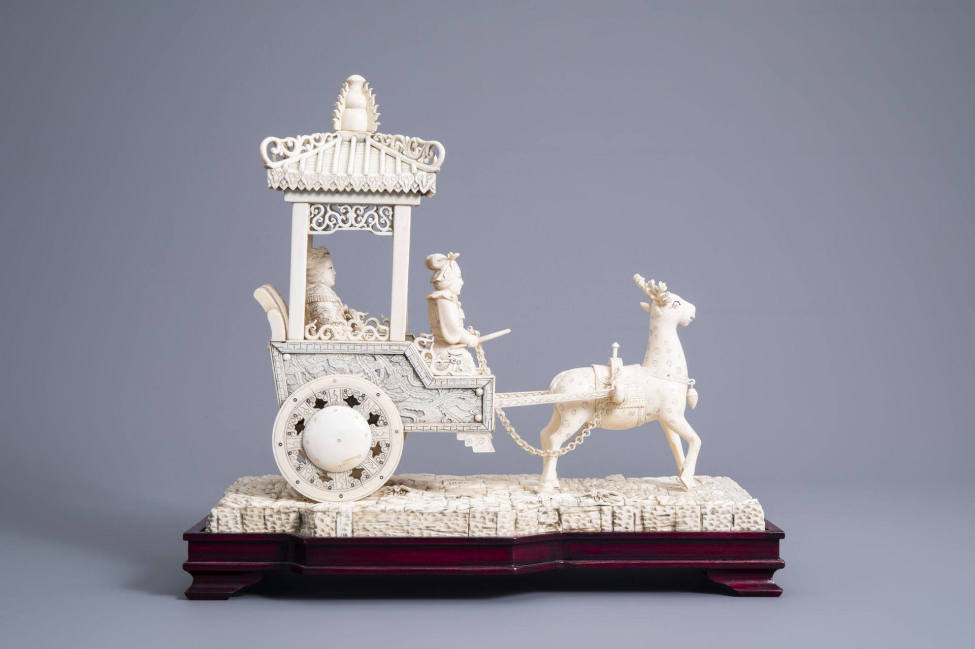 A large Chinese carved ivory 'deer carriage' group, 19th/20th C. - Image 2 of 9