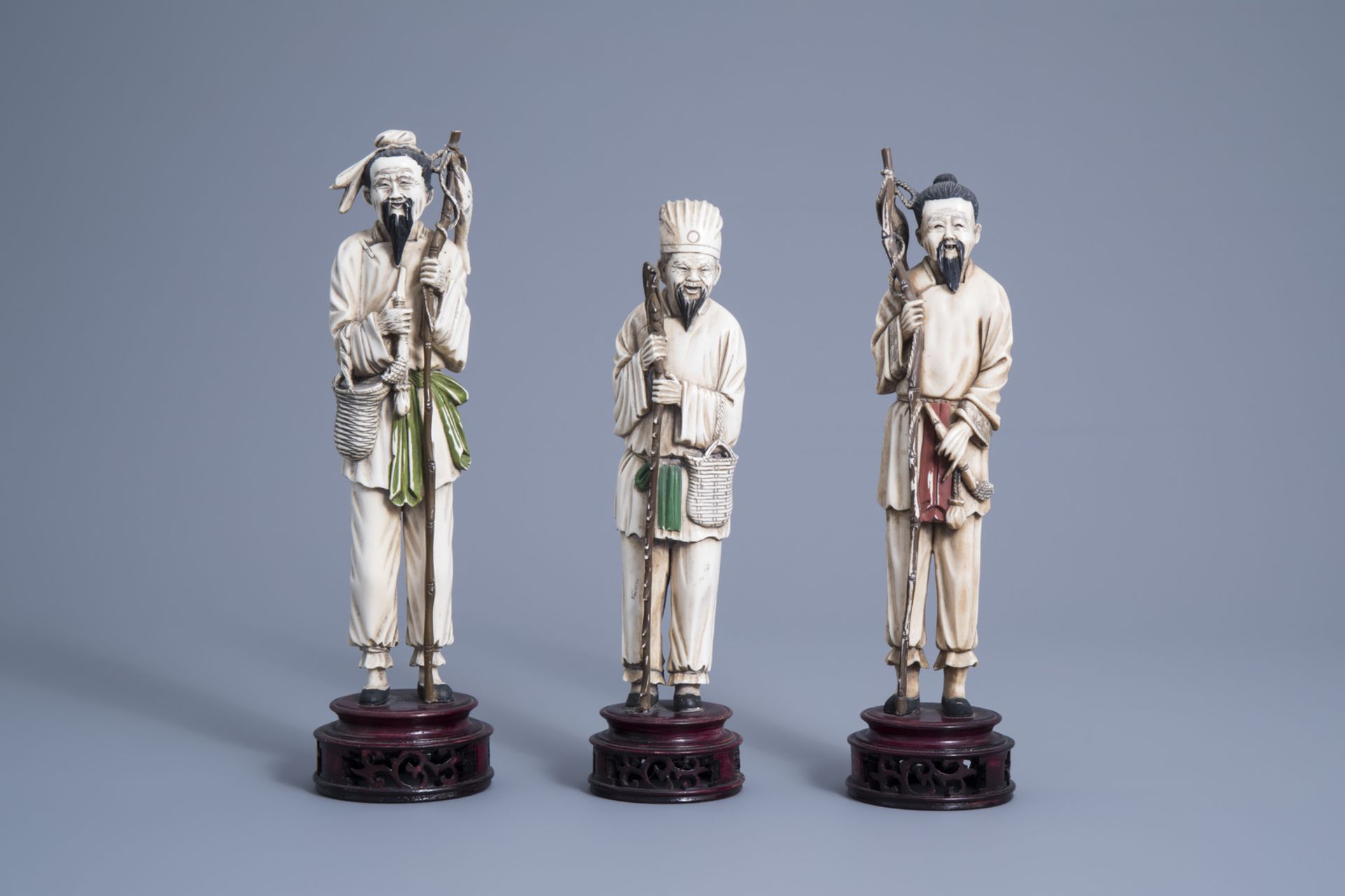 Three Chinese carved ivory figures of fishermen, 19th/20th C. - Image 2 of 7