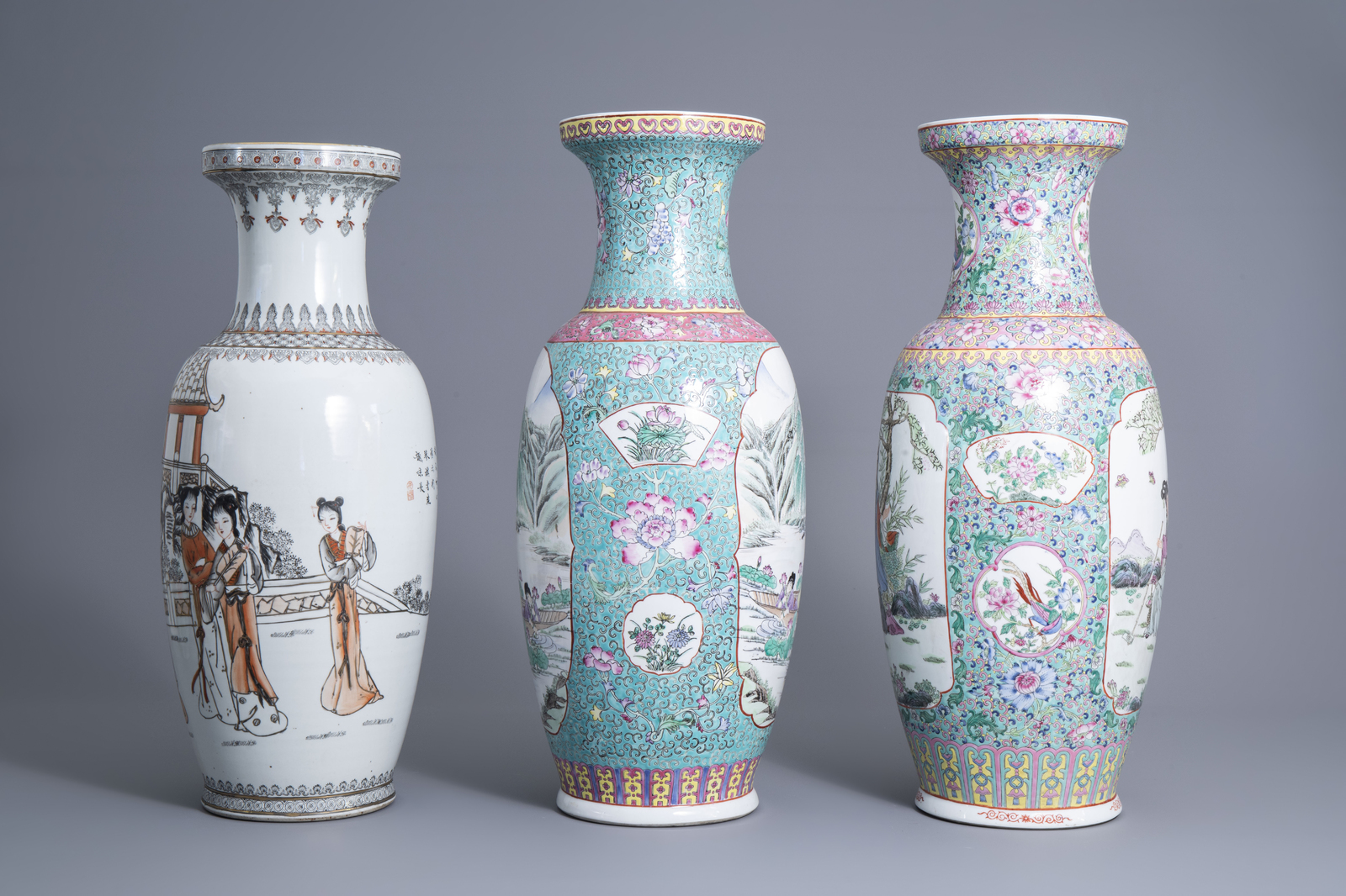 Four various Chinese famille rose and grisaille vases and a jar and cover with birds among flowering - Image 5 of 13