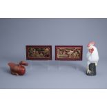 Two Chinese gilt wooden panels, a gilt lacquered wooden duck and a porcelain rooster, 20th C.