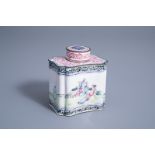 A Chinese Canton enamel tea caddy with figures in a landscape, Qianlong