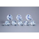 Nine Chinese blue and white cups and eight saucers with floral design, Kangxi