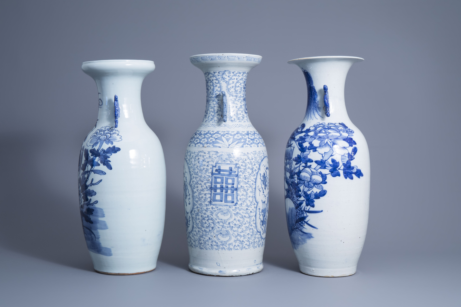 Three various Chinese blue and white and celadon ground vases, 19th/20th C. - Image 4 of 6