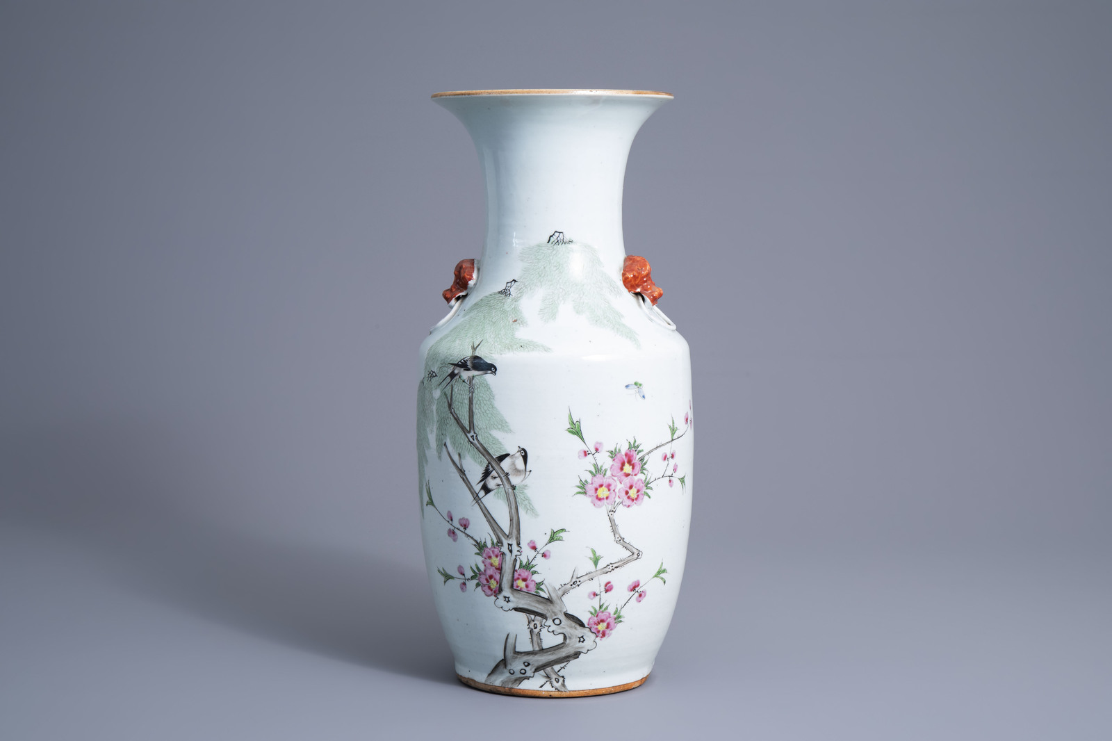 Three Chinese qianjiang cai vases with birds among blossoming branches and a Nanking crackle glazed - Image 2 of 15