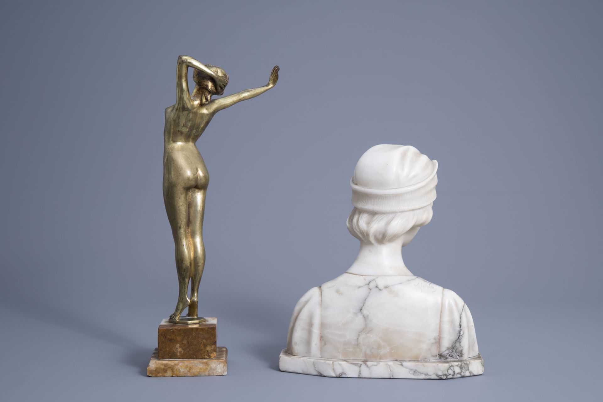 After Paul Philippe (1870-1930): 'RŽveil', gilt bronze on an onyx marble base and Georges Morin (187 - Image 4 of 9