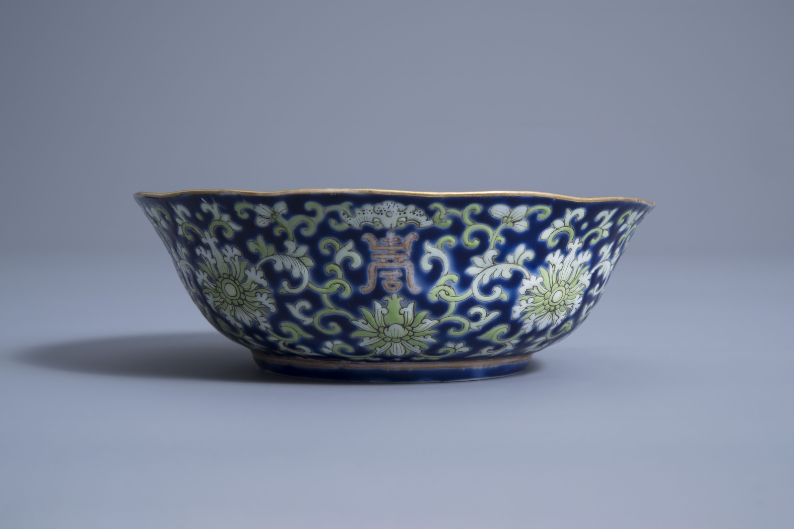 A Chinese blue ground lobed bowl with floral design, Daoguang mark and of the period - Image 3 of 7
