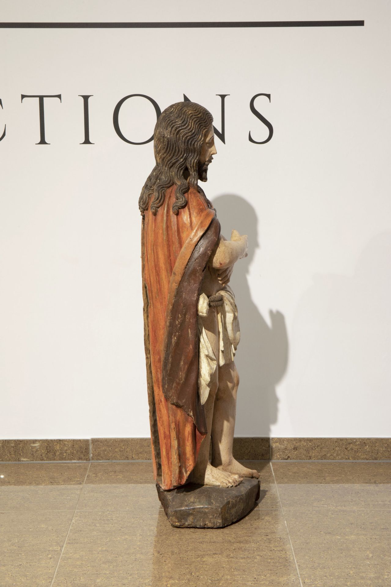 A carved and polychrome painted wooden standing Christ, probably Germany, ca. 1500 - Image 3 of 7