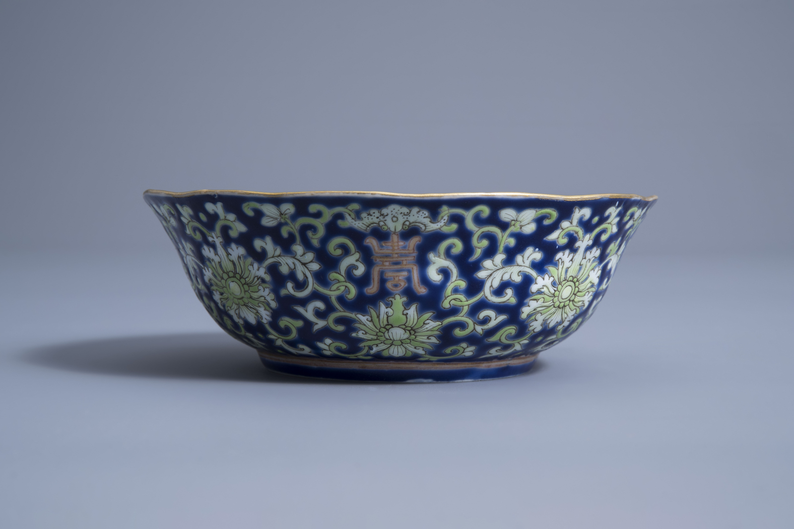 A Chinese blue ground lobed bowl with floral design, Daoguang mark and of the period - Image 4 of 7