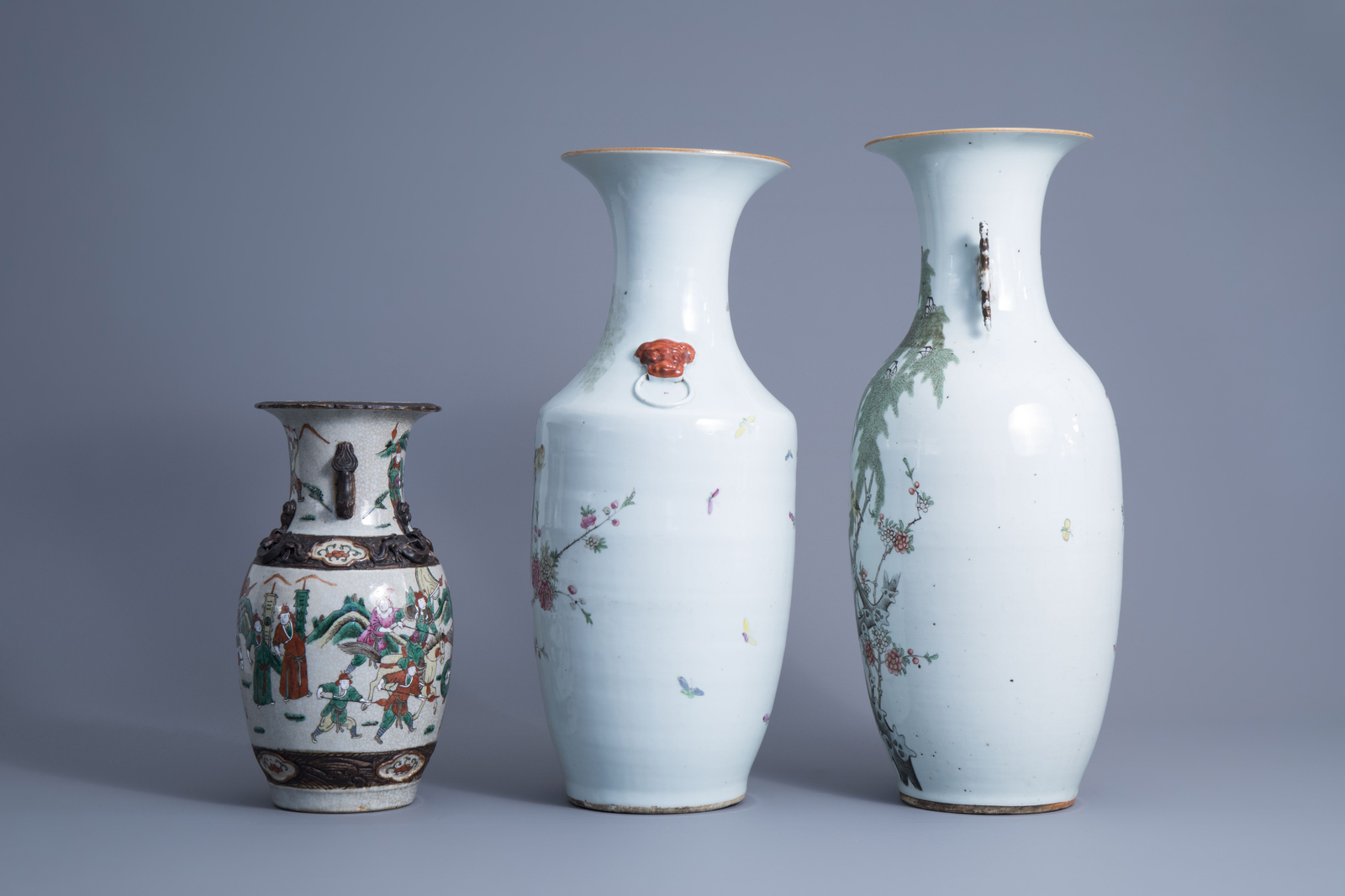 Three Chinese qianjiang cai vases with birds among blossoming branches and a Nanking crackle glazed - Image 12 of 15