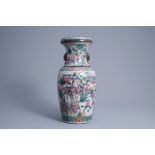 A Chinese Nanking crackle glazed famille rose 'warrior' vase, 19th/20th C.