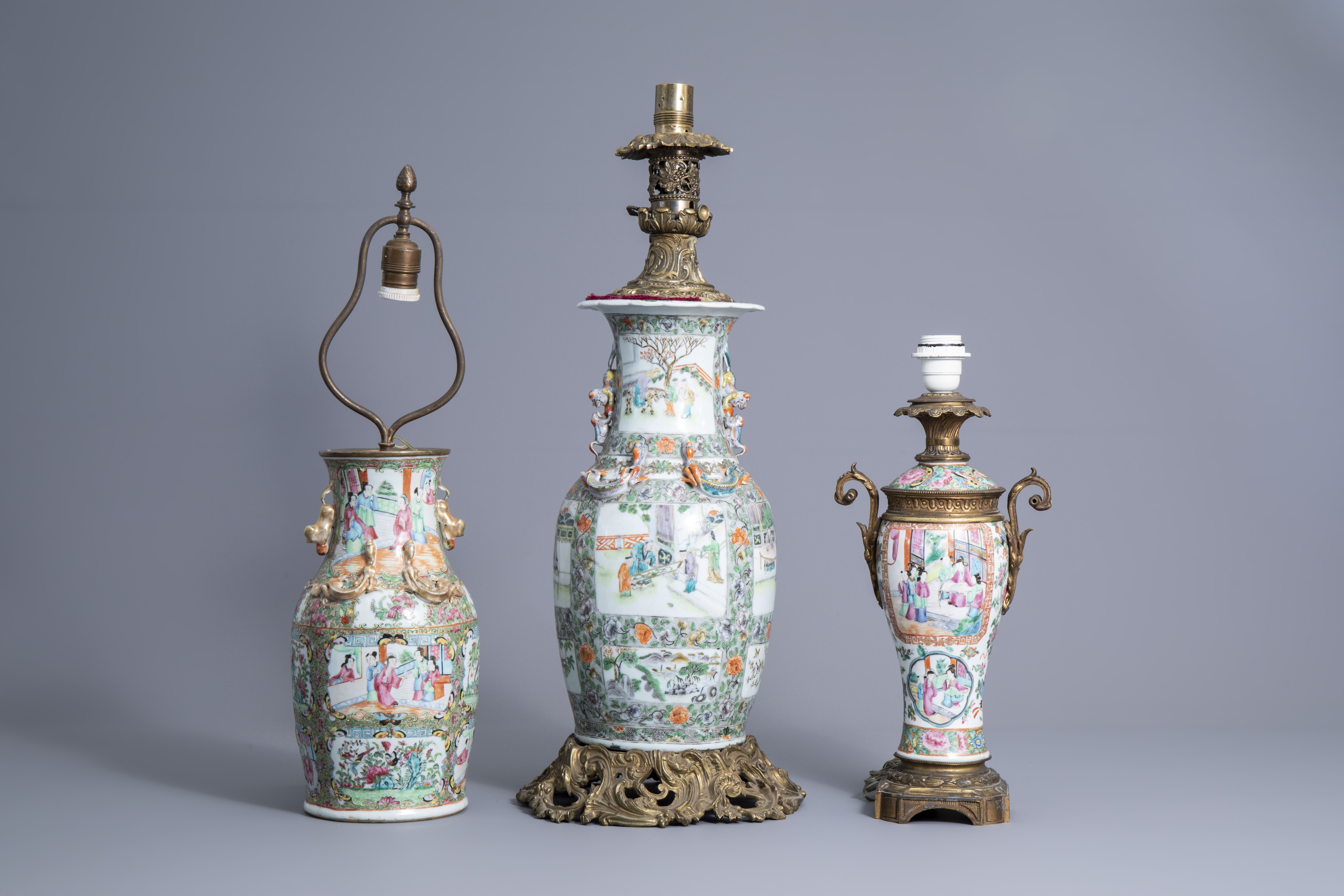 Three Chinese Canton famille rose and verte vases mounted as lamps, 19th C.