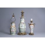 Three Chinese Canton famille rose and verte vases mounted as lamps, 19th C.