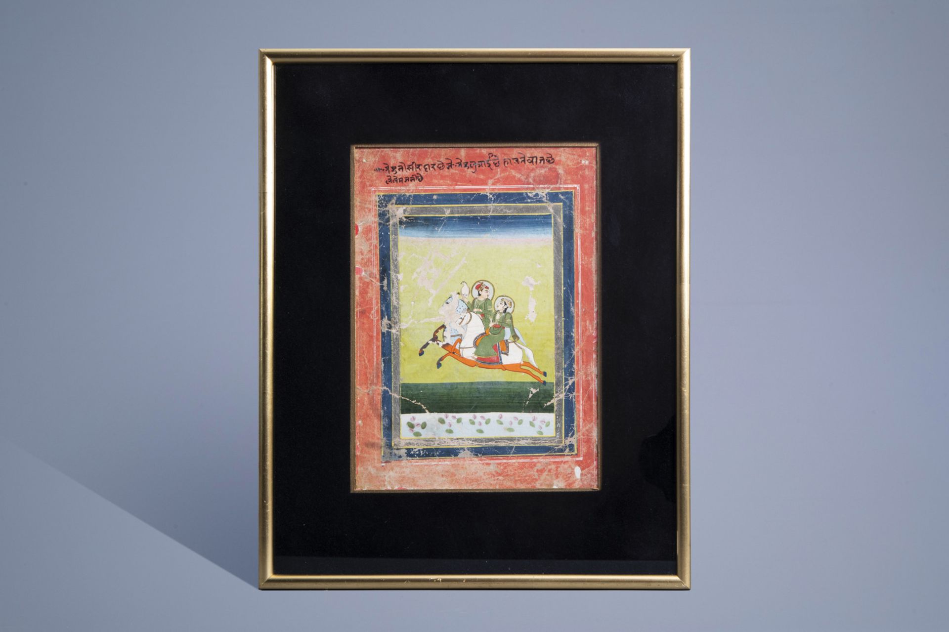 Jaipur school, India, ink and colour on paper: A miniature with two figures on horseback, 18th/19th - Image 2 of 4