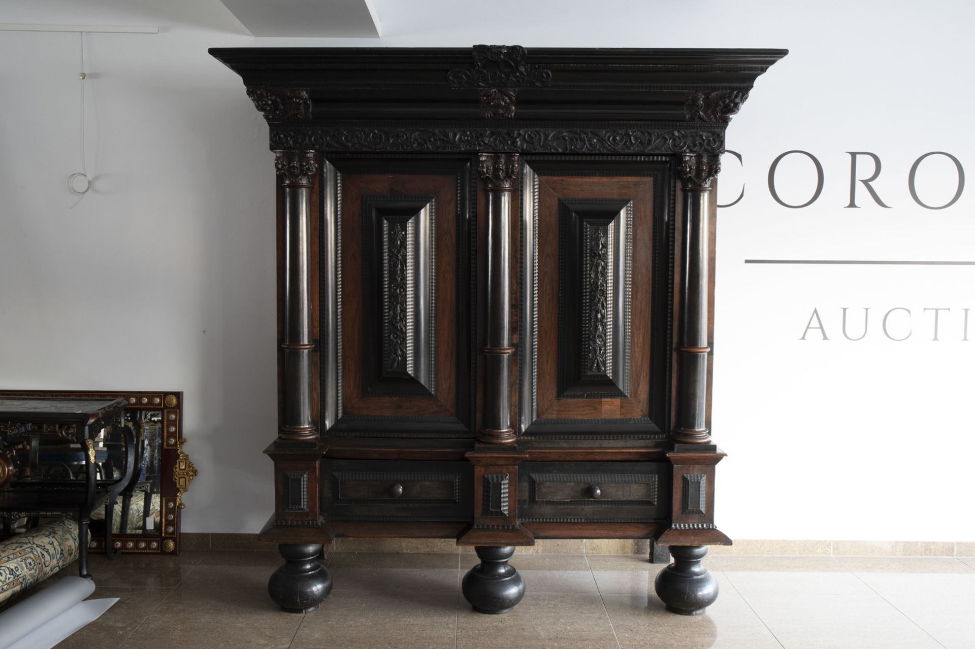 A Dutch two-door ebonized and rosewooden 'Kussenkast' cupboard, ca. 1700 - Image 4 of 10