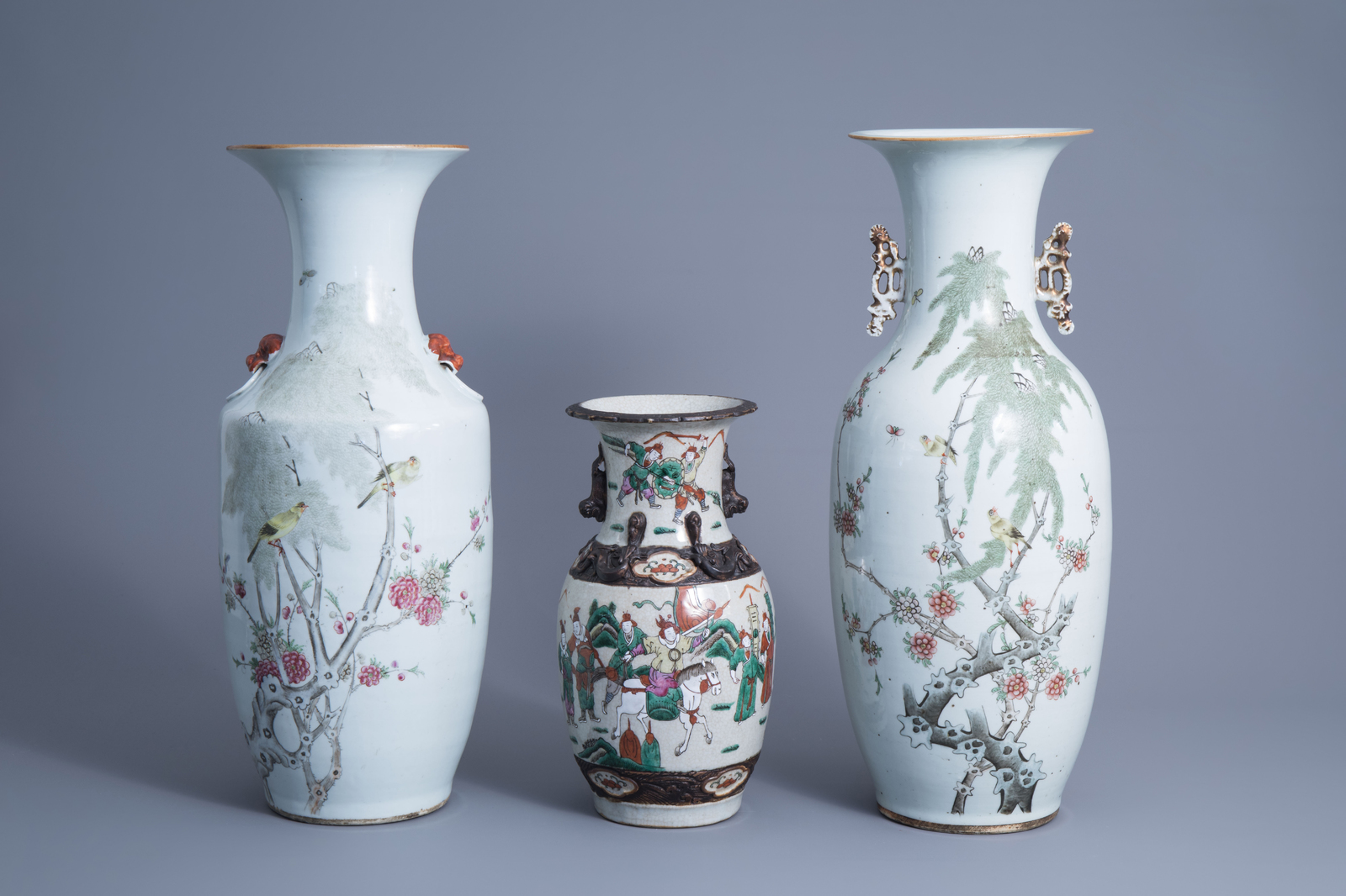 Three Chinese qianjiang cai vases with birds among blossoming branches and a Nanking crackle glazed - Image 8 of 15