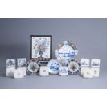 A tile mural, four dishes and twelve tiles in polychrome and blue and white Dutch Delftware, 17th/19