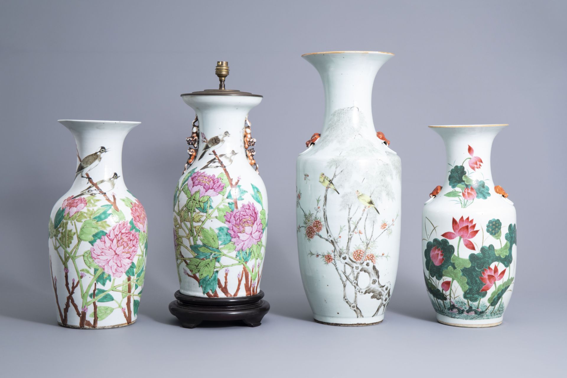 Four various Chinese qianjiang cai vases with birds among blossoming branches, 19th/20th C.