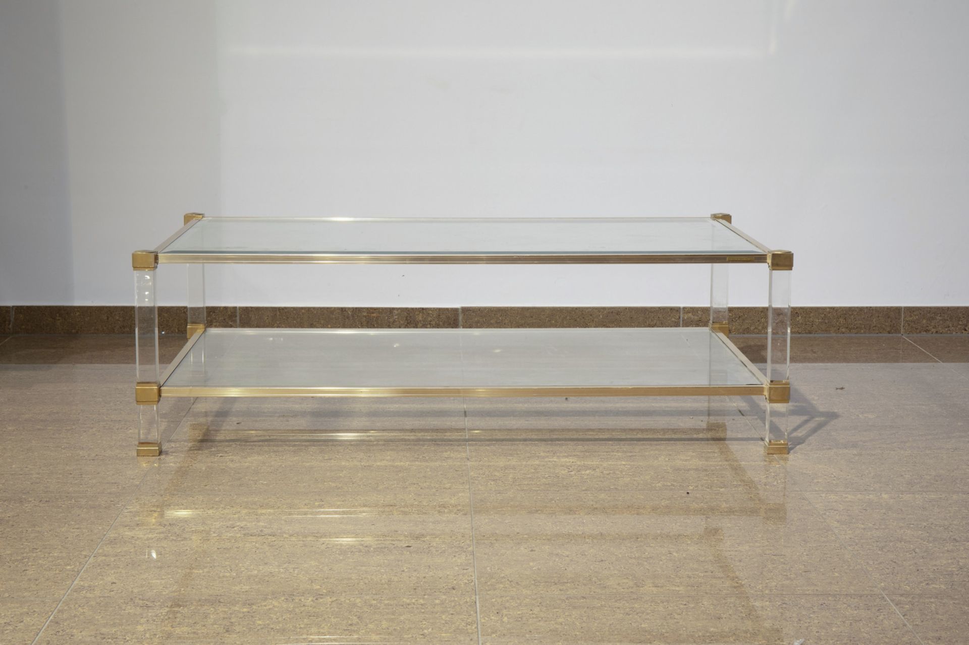 A Pierre Vandel brass and bevelled glass coffee table with lucite legs, France, 1970's - Image 4 of 7