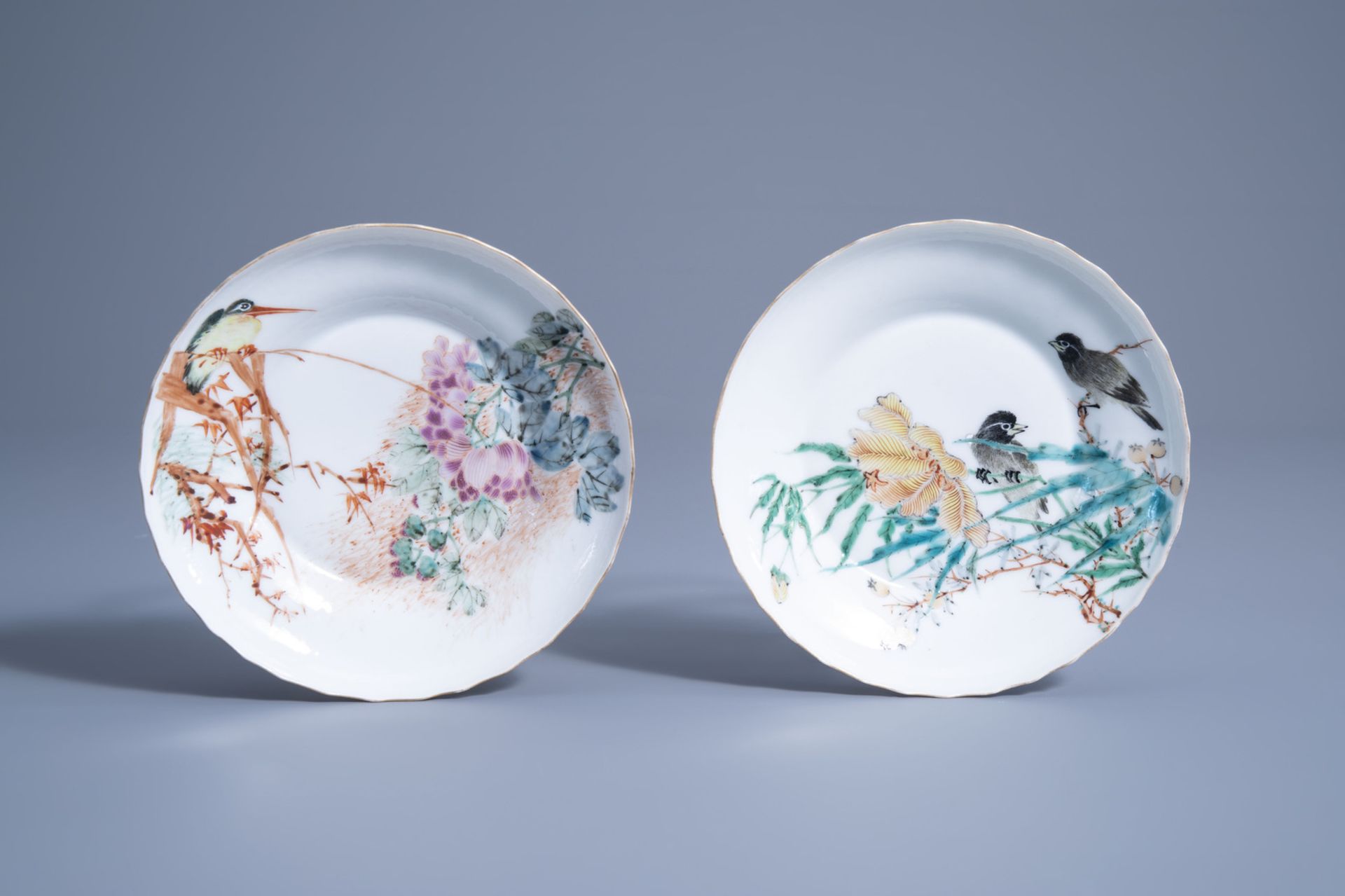 Two Chinese polychrome plates with birds among blossoming branches, Republic