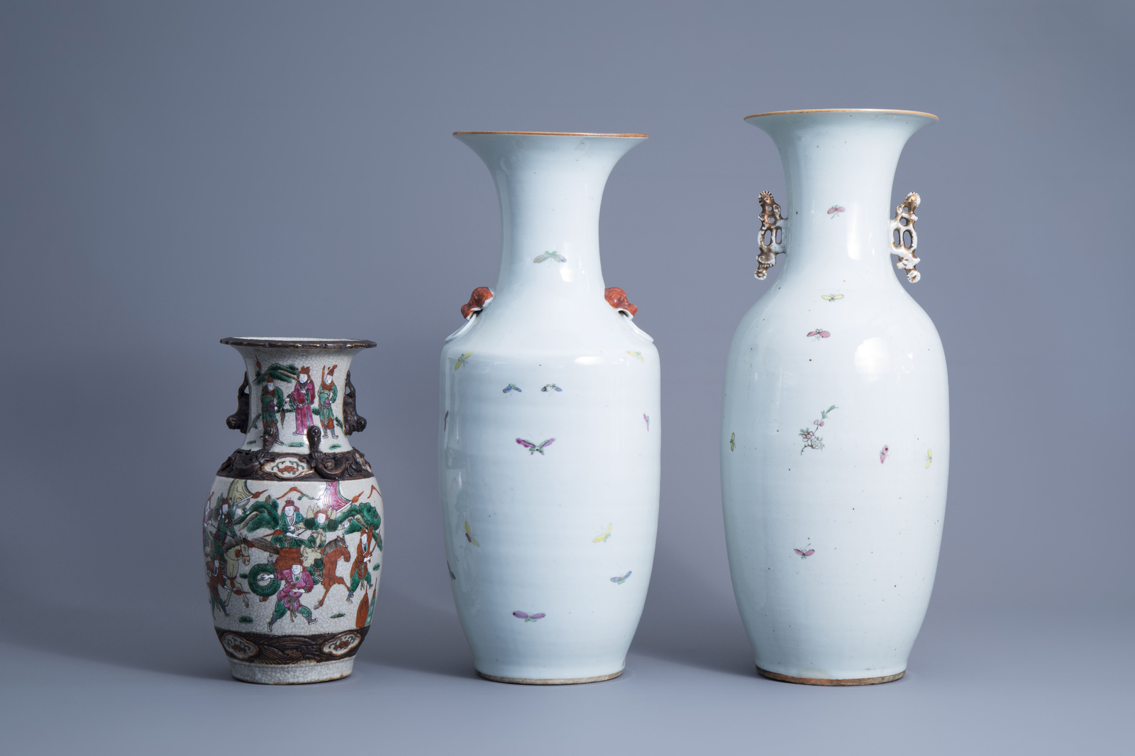 Three Chinese qianjiang cai vases with birds among blossoming branches and a Nanking crackle glazed - Image 11 of 15