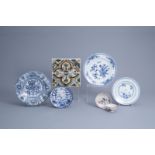 Four blue and white Dutch Delft and Chinese plates, a pair of Spanish tiles and a famille rose cup a