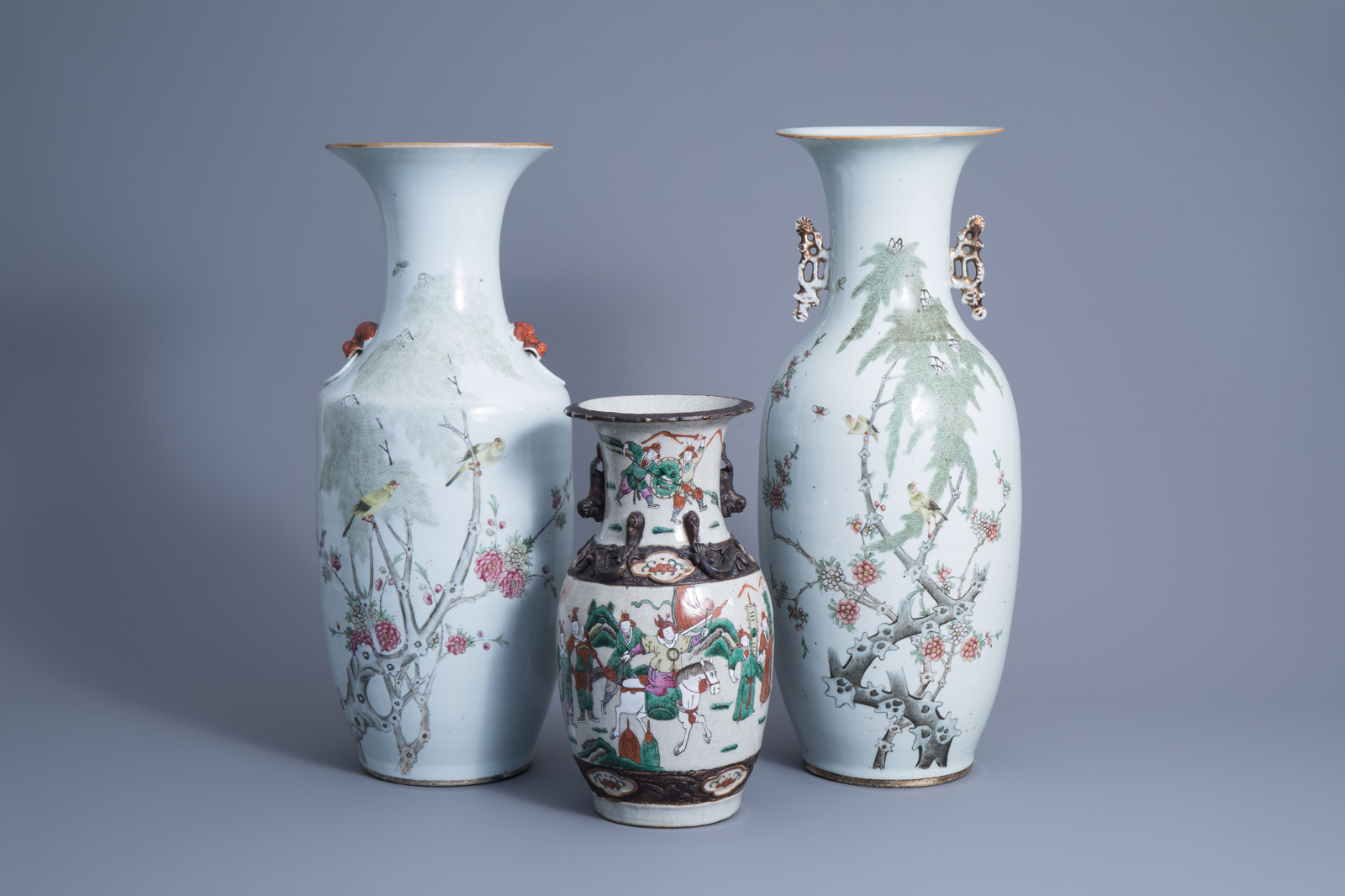 Three Chinese qianjiang cai vases with birds among blossoming branches and a Nanking crackle glazed - Image 15 of 15