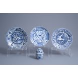 Three various Chinese blue and white plates and a bowl and cover, Wanli