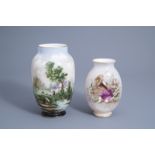 Two French Baccarat opaline vases, one with a playing boy signed Ahne and one with an animated lands